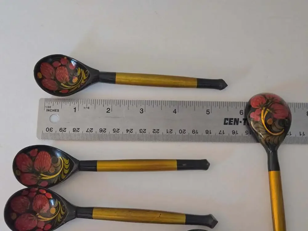 Vintage Russian Khokhloma Hand Painted 6 Wooden Spoons Black Gold Strawberry